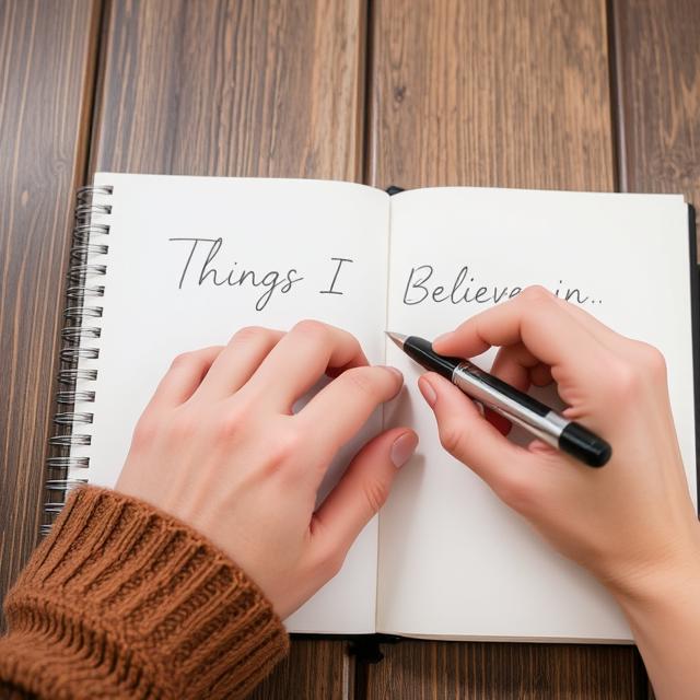 A hand holding a pen over a journal