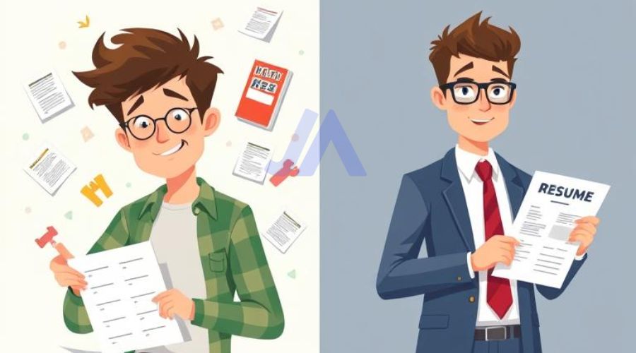 split scene of a college student and a working professional