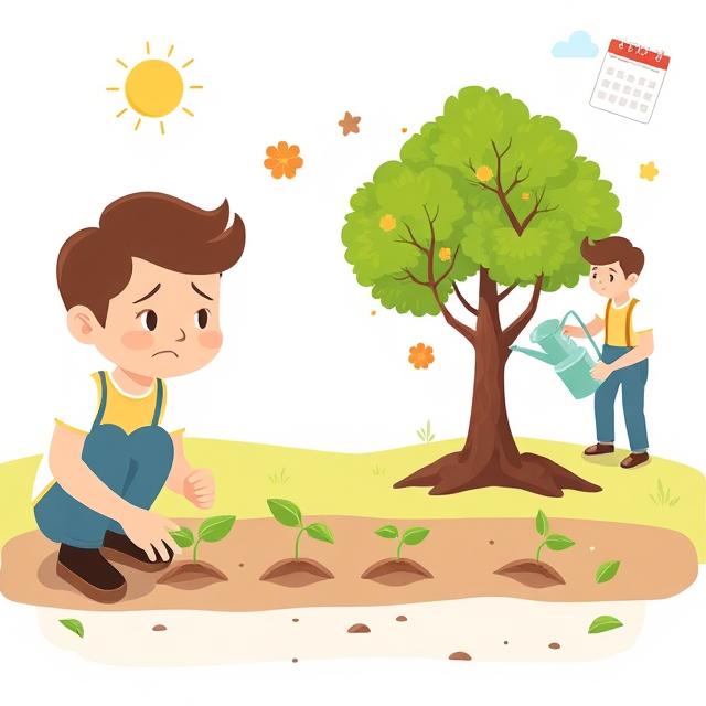 A person planting seeds and immediately looking at the soil with a disappointed face